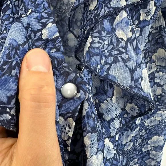 Y2K Oscar De La Renta Blue Floral Ruffle Short Flutter Sleeve Blouse Size 8 - Picture 13 of 14